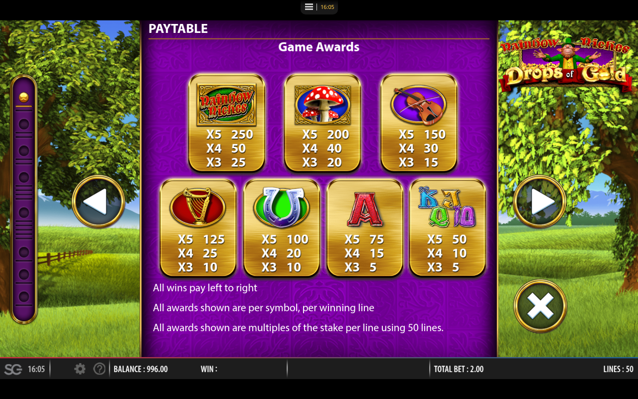 Rainbow Riches Drops of Gold information screen