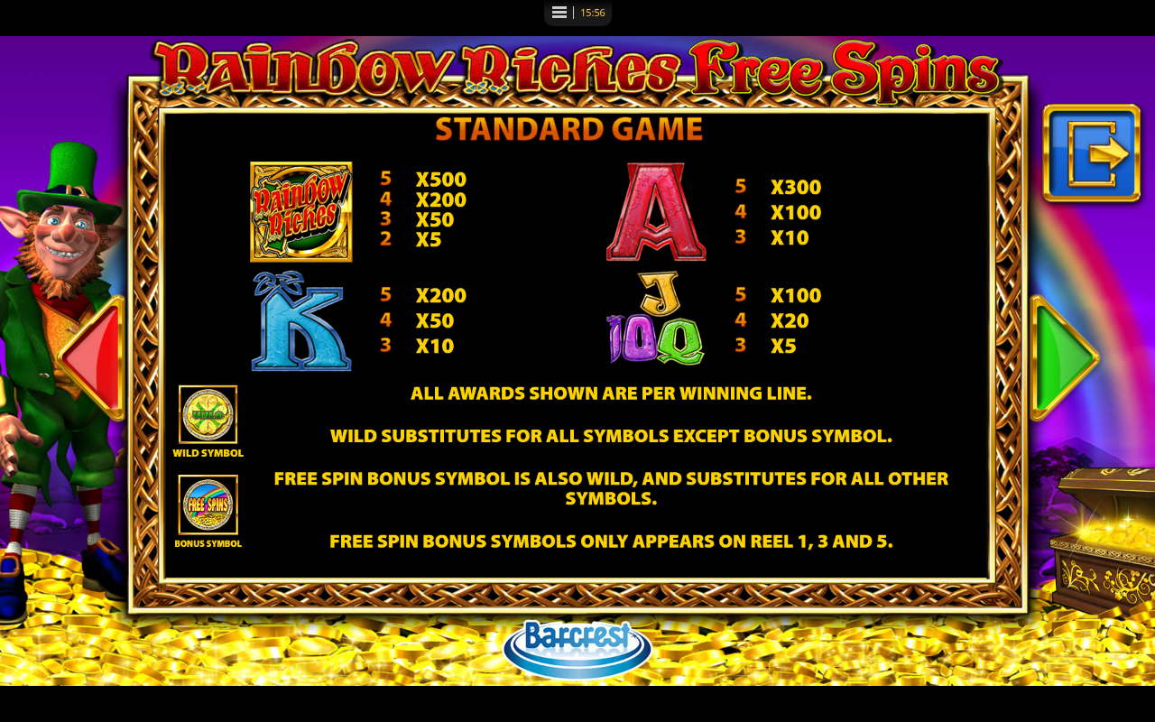 Rainbow Riches Free Spins information screen