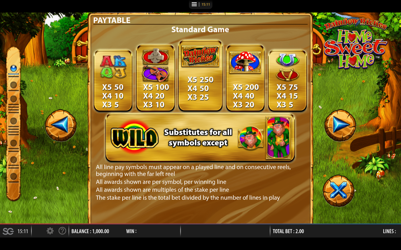 Rainbow Riches Home Sweet Home wild and payline rules