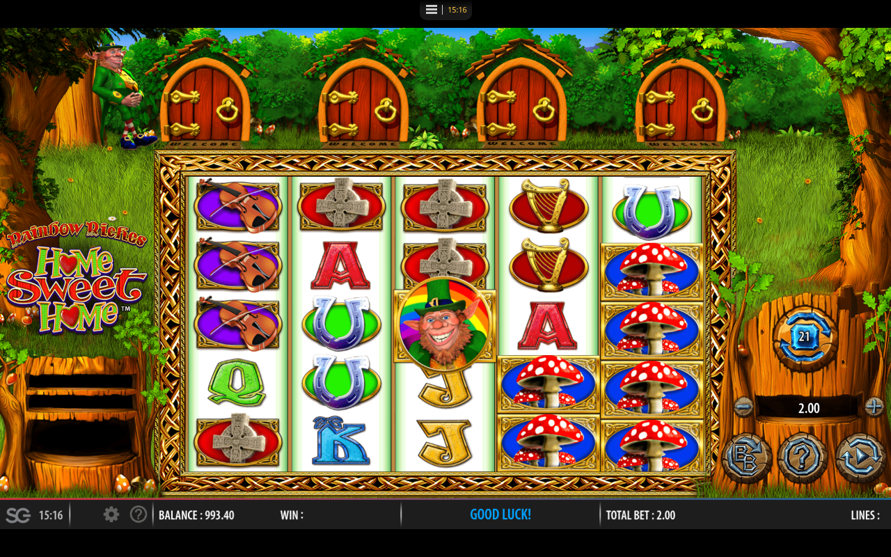 Rainbow Riches Home Sweet Home gameplay with leprechaun scatter