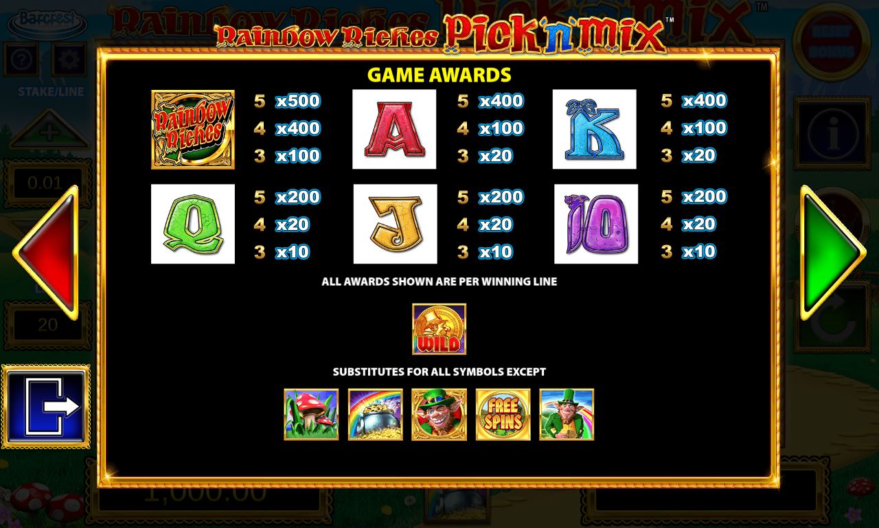Rainbow Riches Pick 'n' Mix information screen