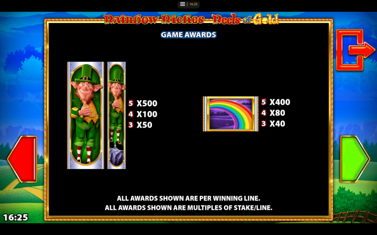Rainbow Riches Reels of Gold payline awards screen