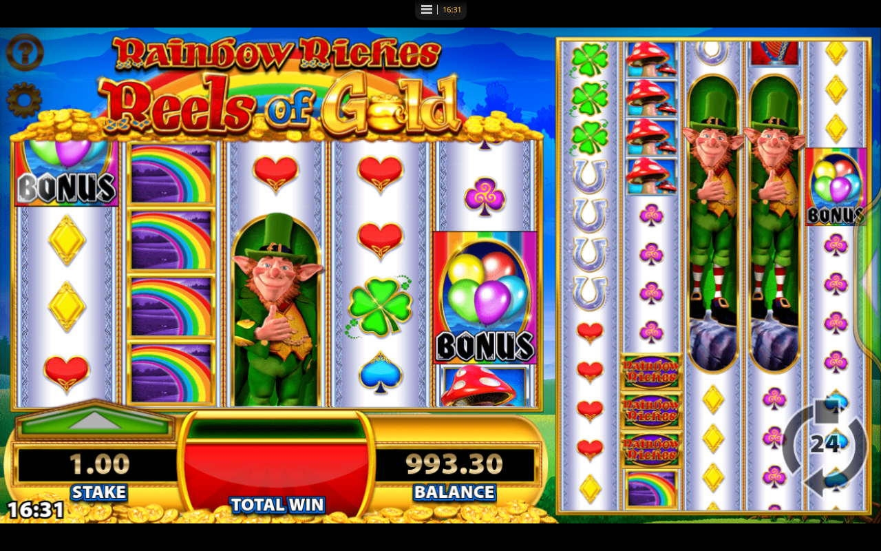 Rainbow Riches Reels of Gold stacked symbols on the Colossal reels