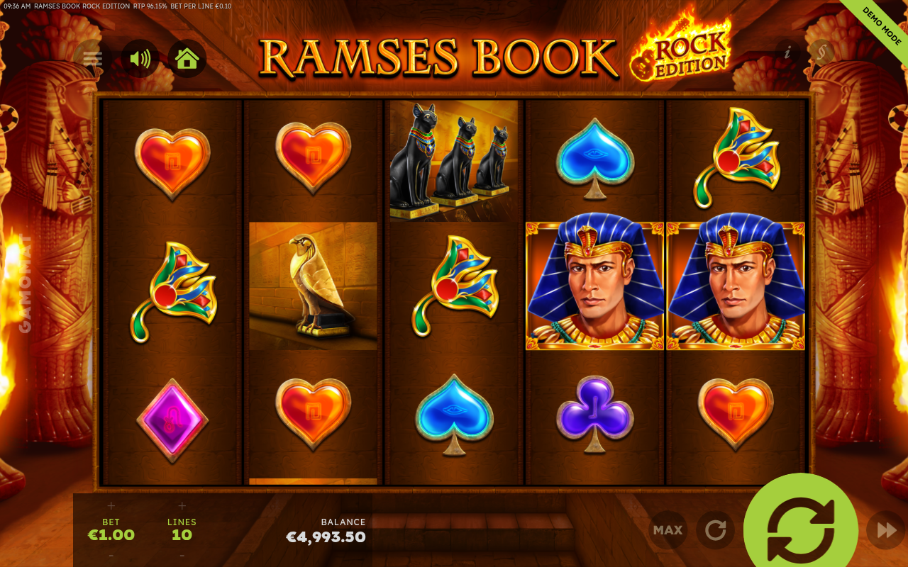Ramses Book Rock Edition gameplay with stacked Pharaoh symbols