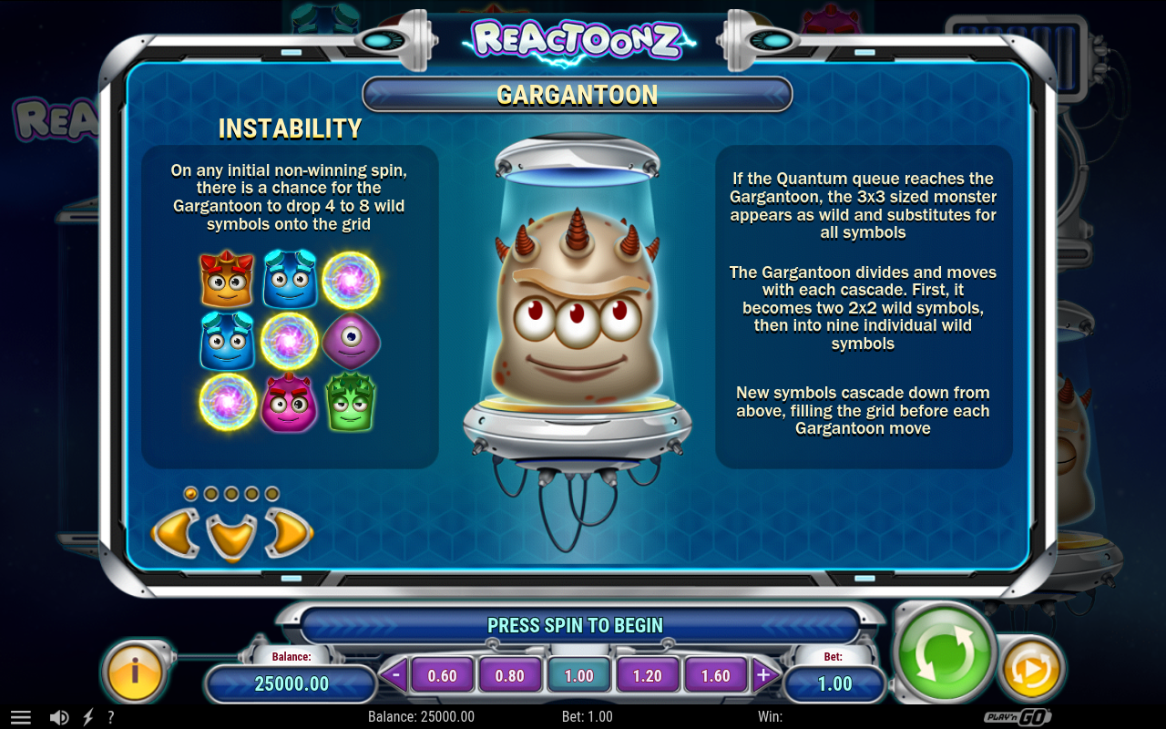 Reactoonz information screen