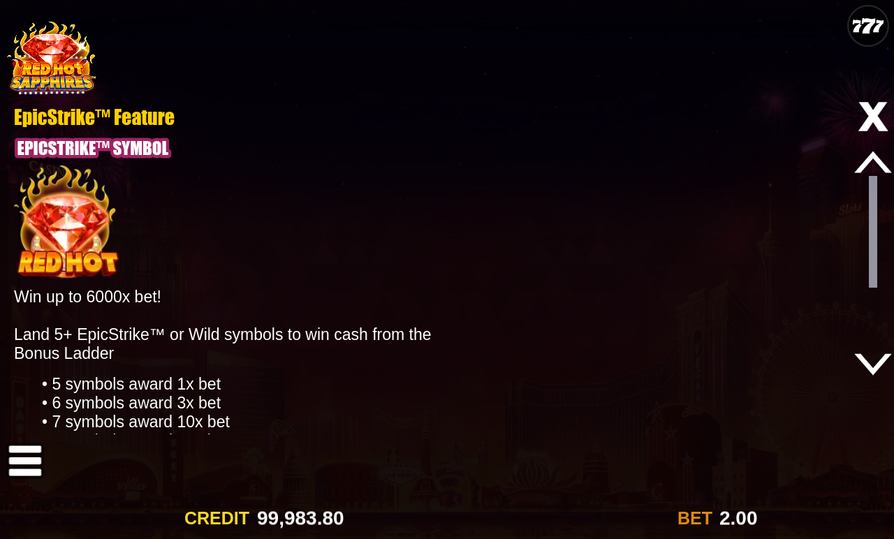 Red Hot Sapphires information screen