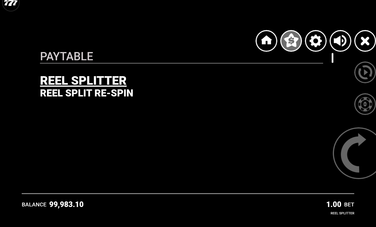 Reel Splitter information screen