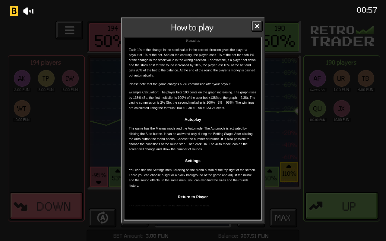 Retro Trader information screen