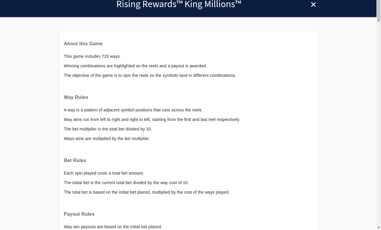 Rising Rewards King Millions game rules screen