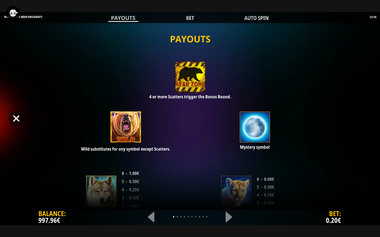 Roar Of The Bear Megaways payouts and rules screen