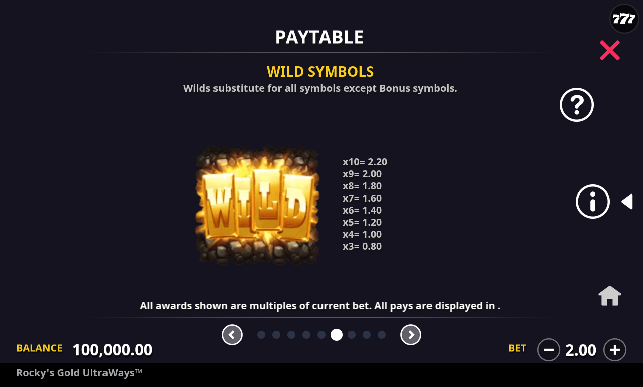 Rocky's Gold Ultraways information screen