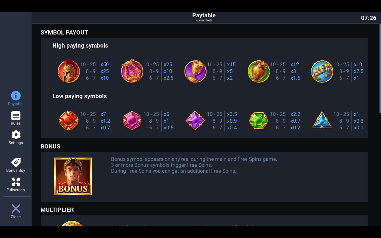 Roman Rule information screen