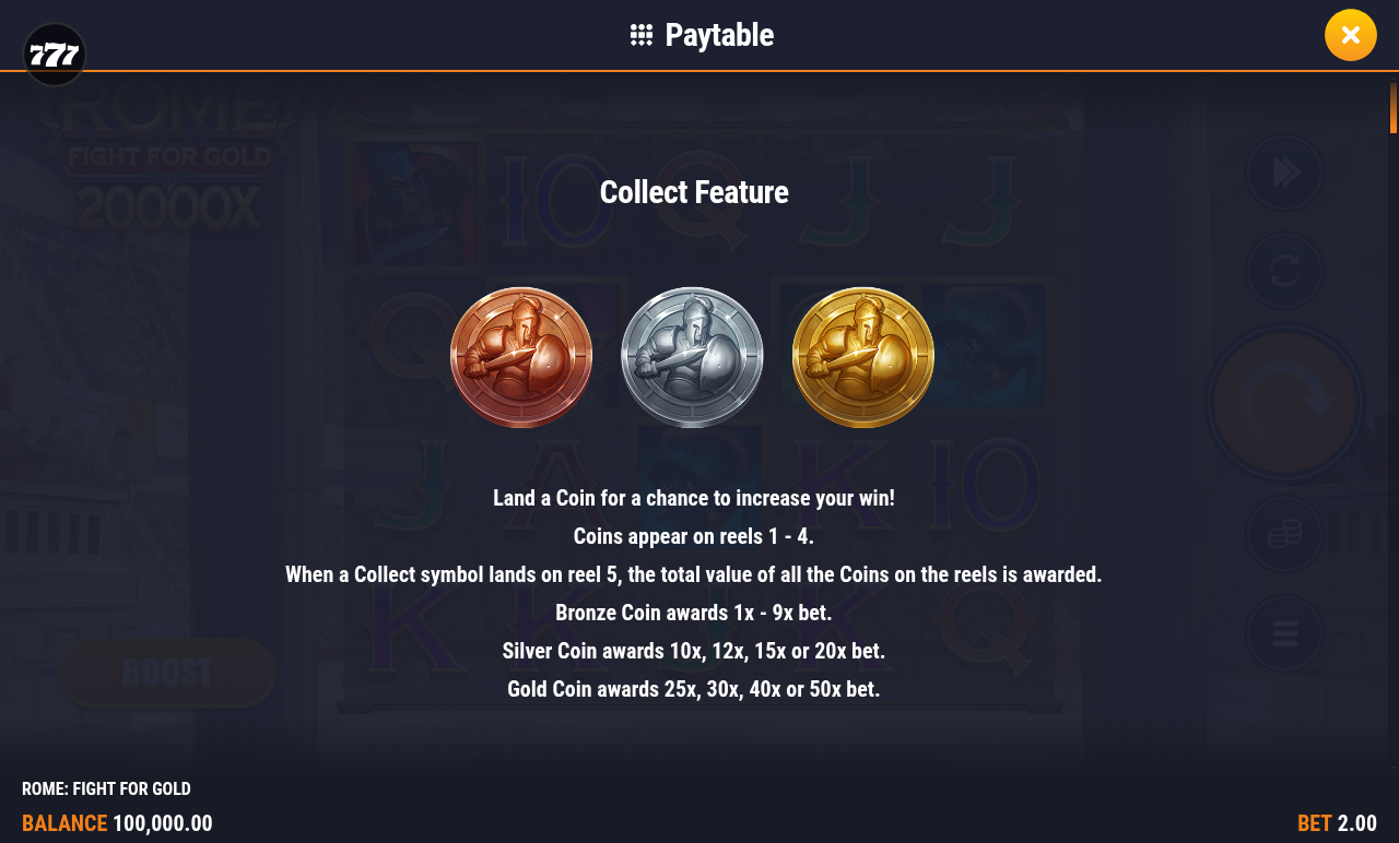 Rome: Fight For Gold Collect Feature information screen