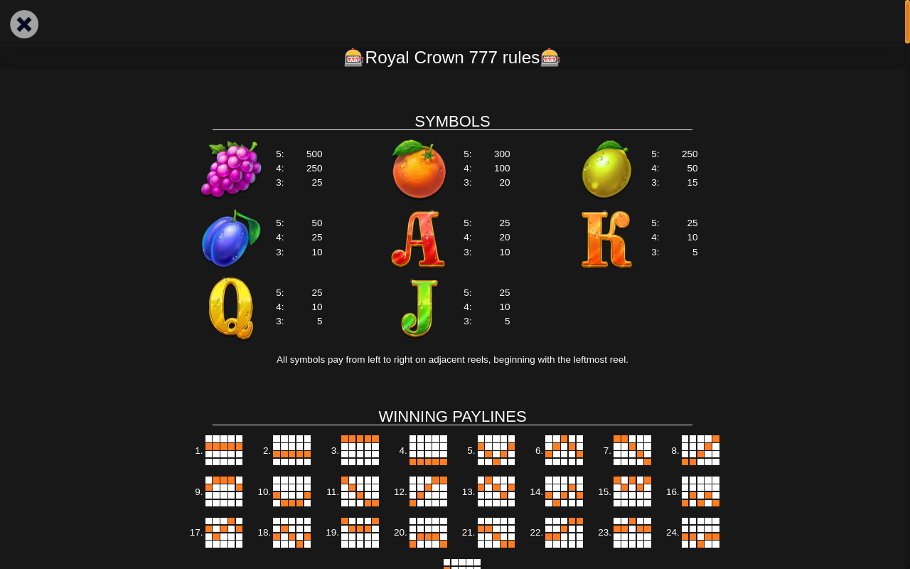 Royal Crown 777 information screen