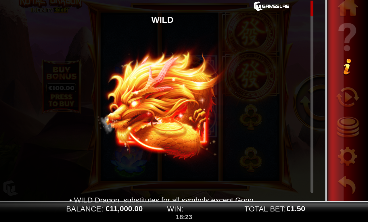 Royal Dragon Infinity Reels information screen