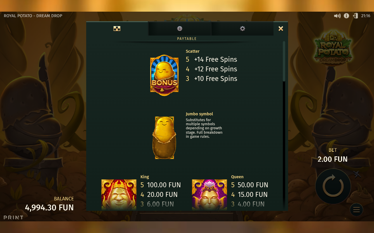 Royal Potato: Dream Drop Jumbo Symbol information screen