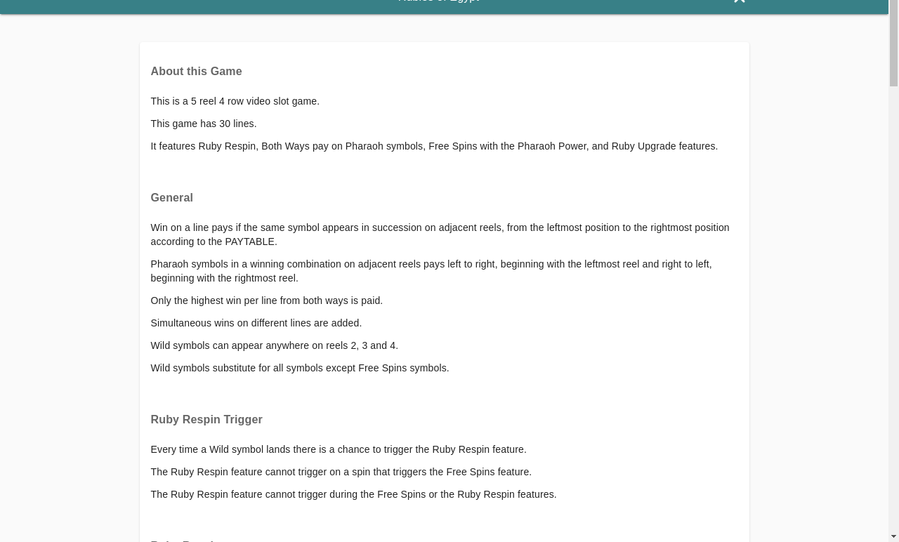 Rubies of Egypt information screen