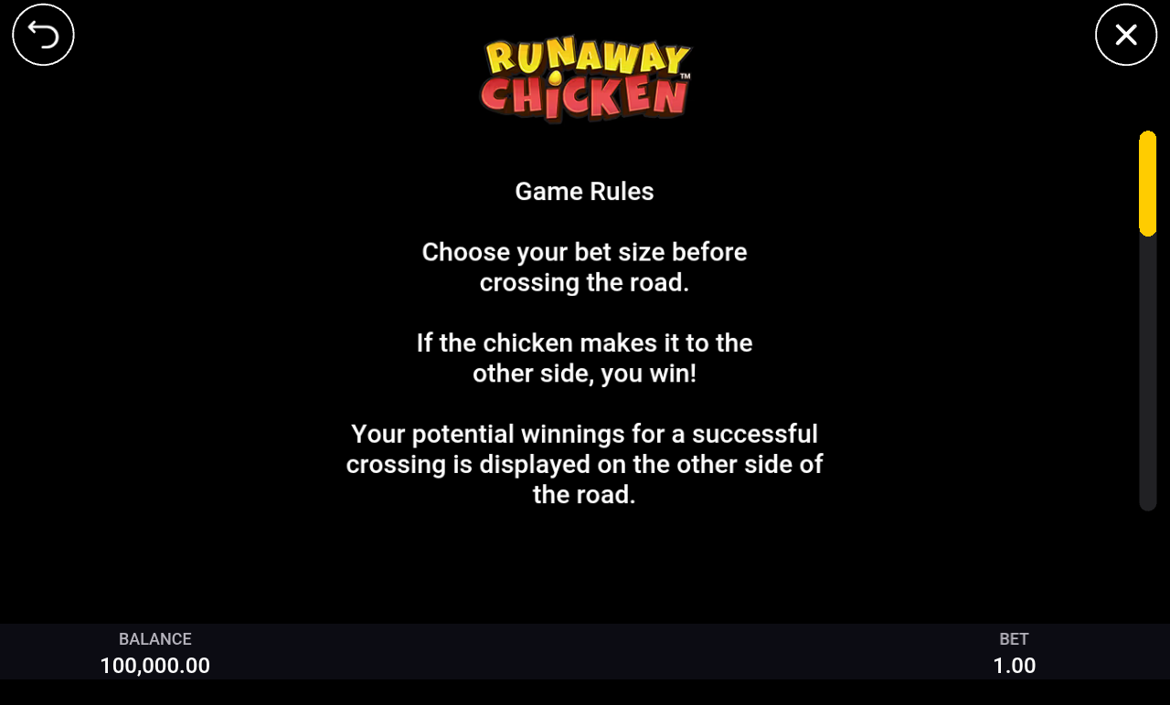 Runaway Chicken information screen