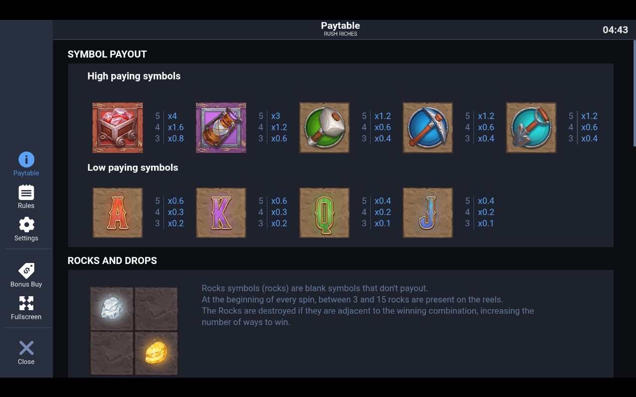 Rush Riches symbol payouts information screen