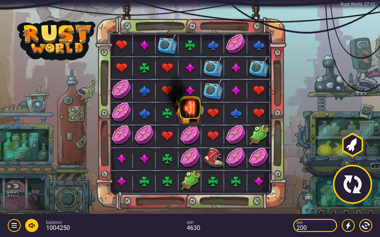 Rust World gameplay showing a multiplied wild win