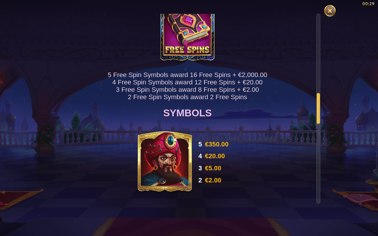 Sahara Nights Free Spins paytable screen