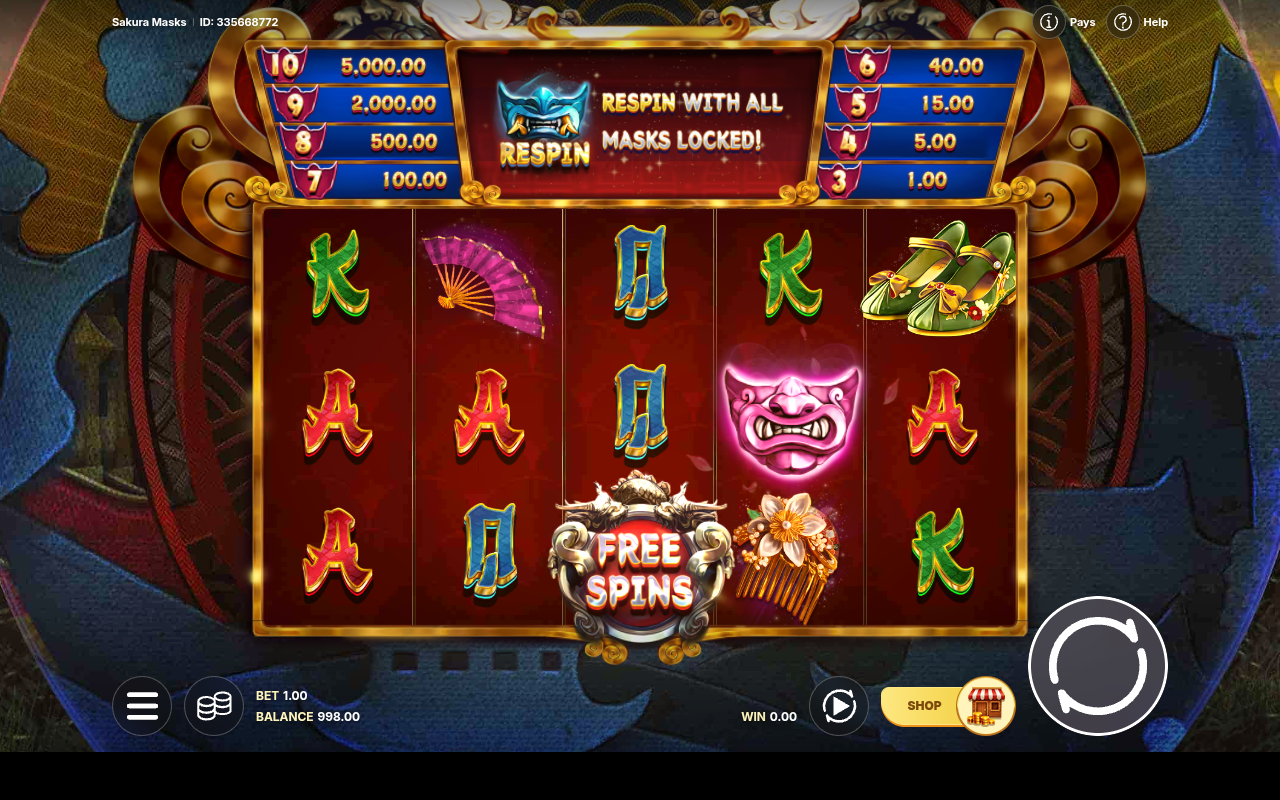 Sakura Masks free spins symbol landing on the grid