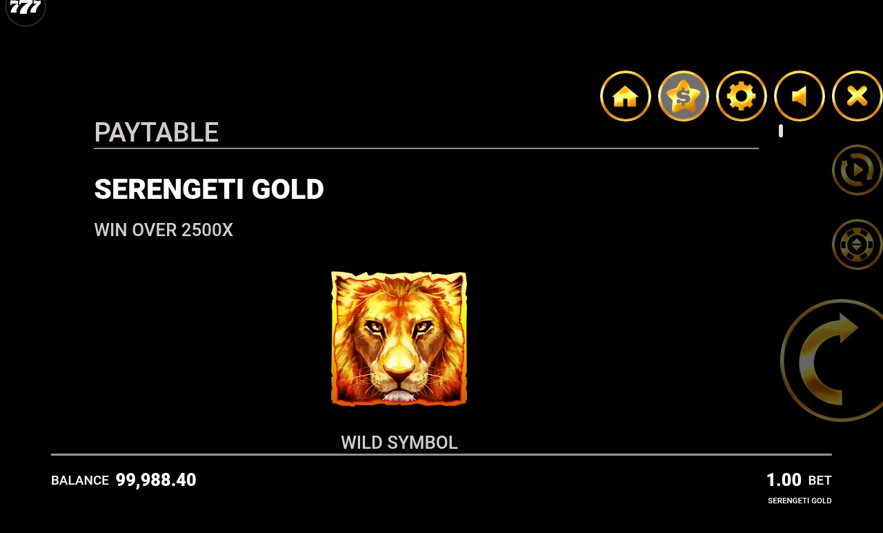 Serengeti Gold information screen