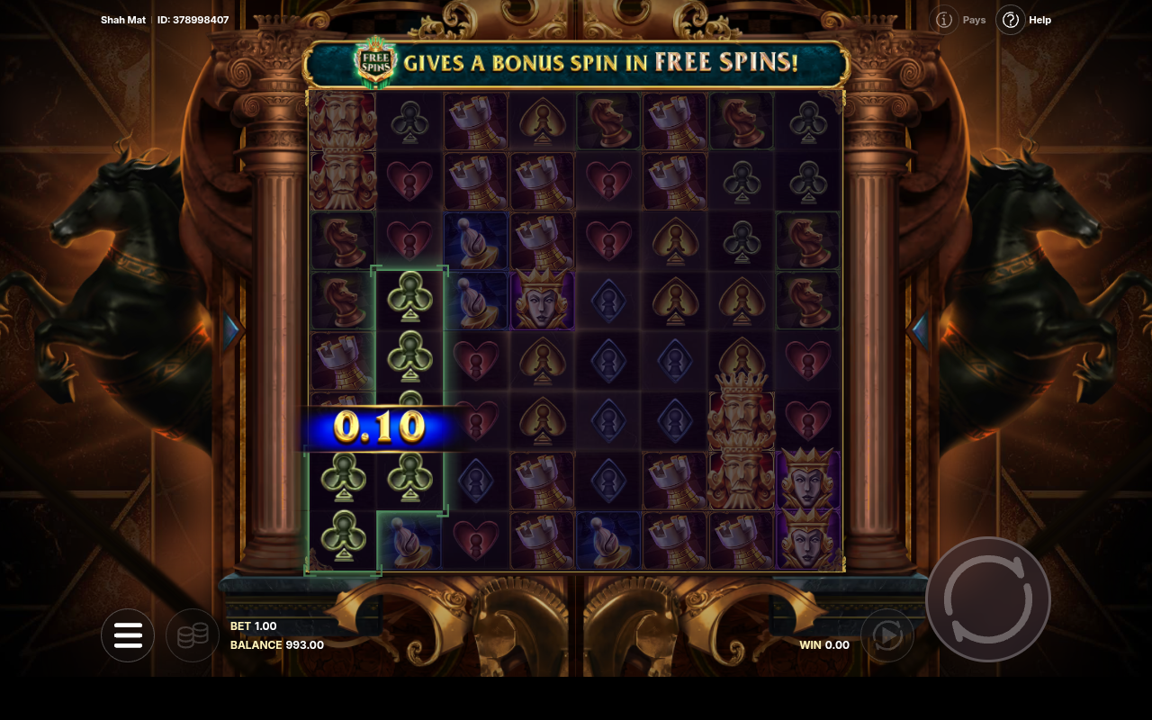 Shah Mat gameplay showing the free spins bonus spin banner