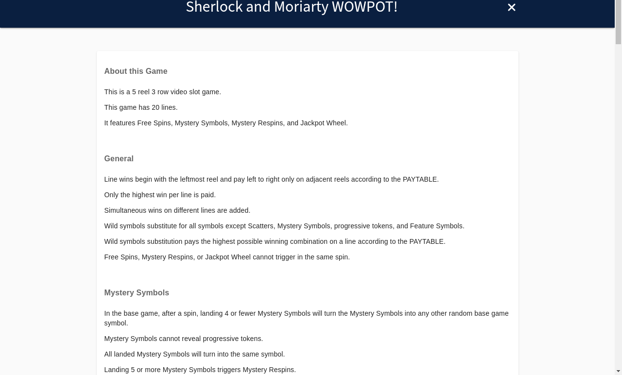 Sherlock and Moriarty WOWPOT! information screen
