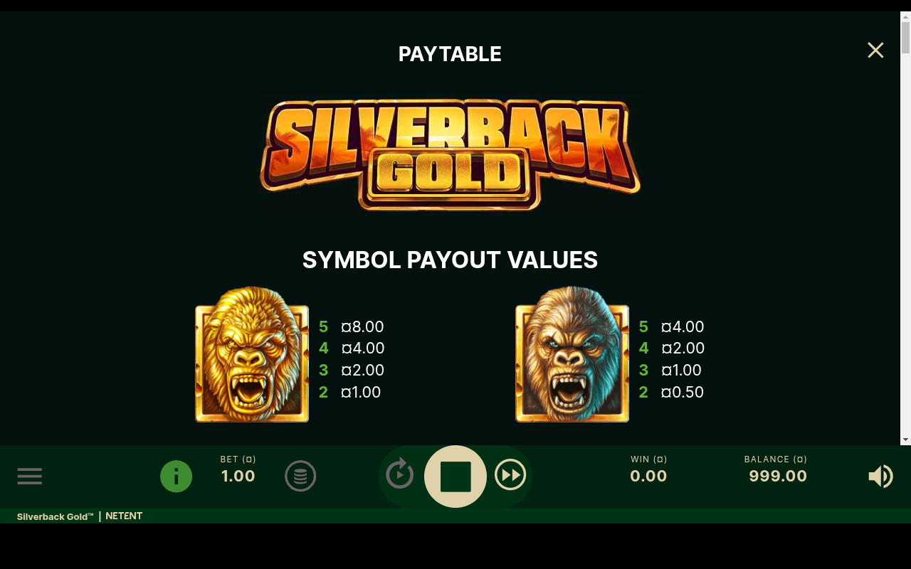 Silverback Gold symbol and paytable information