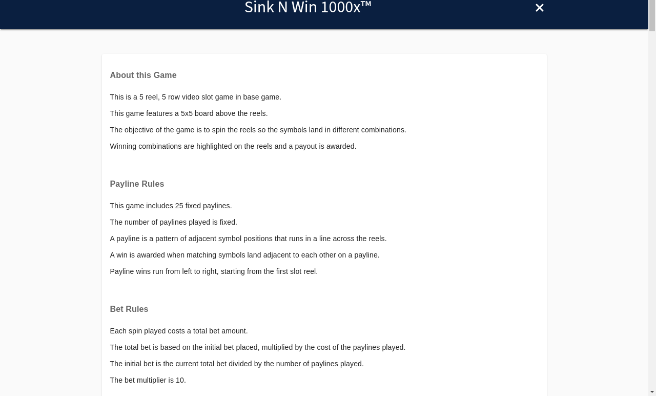 Sink n' Win 1000x information screen