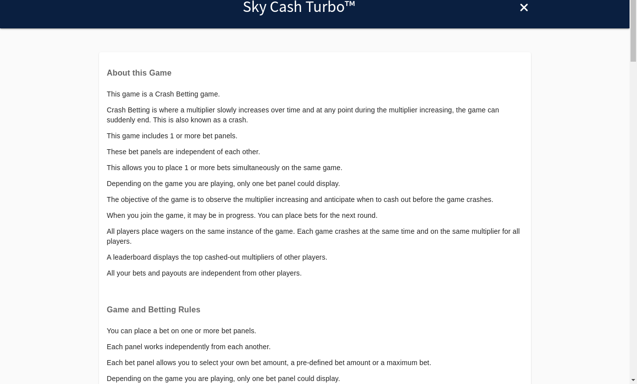 Sky Cash Turbo information screen