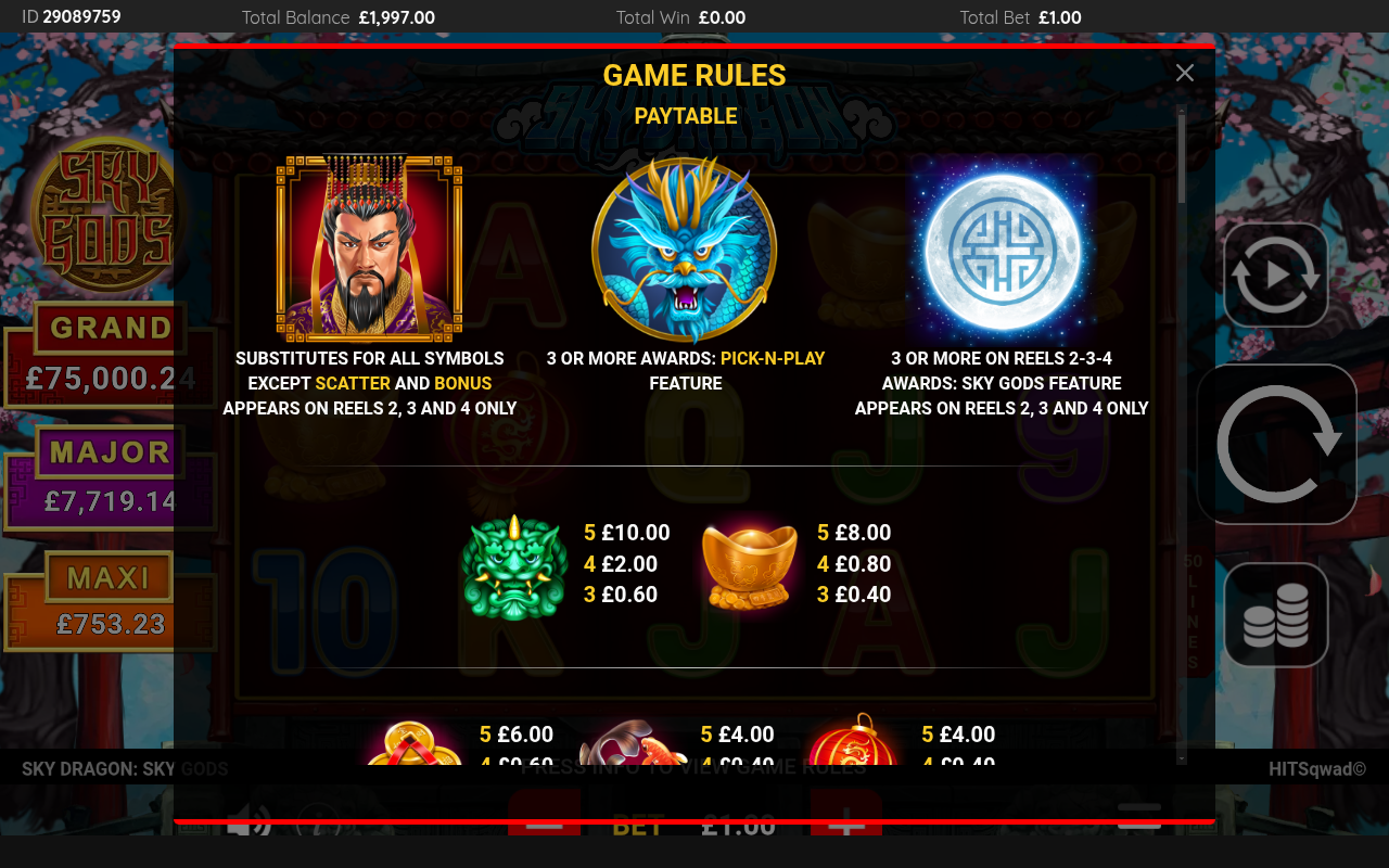 Sky Dragon information screen