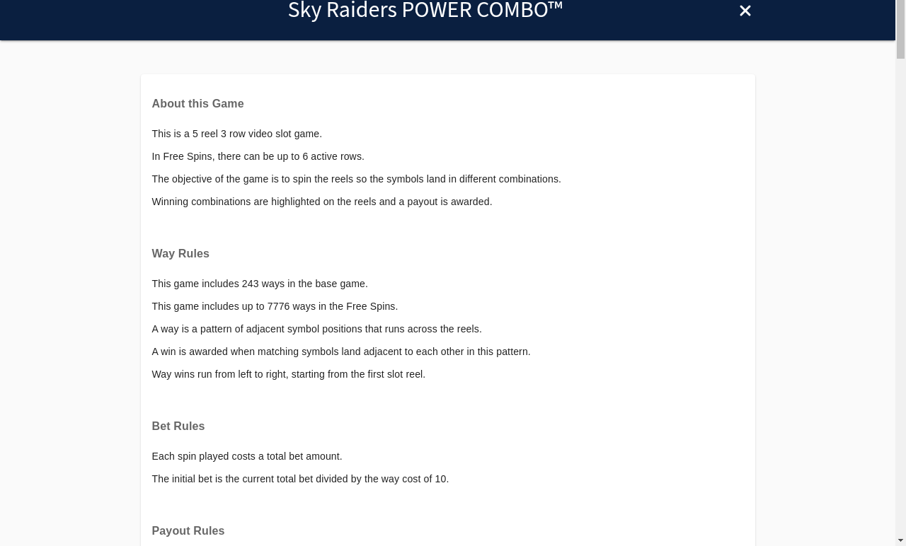 Sky Raiders POWER COMBO information screen