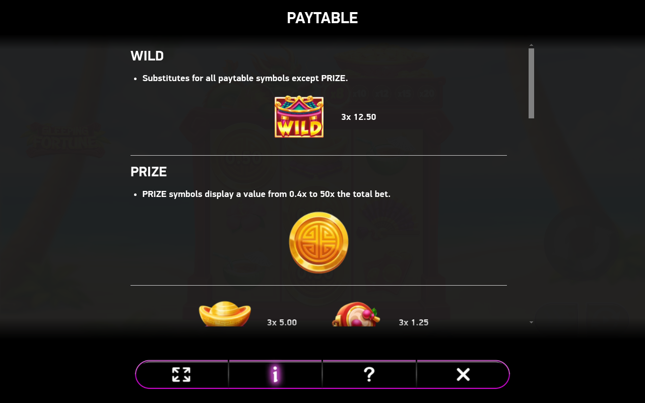 Sleeping Fortune information screen