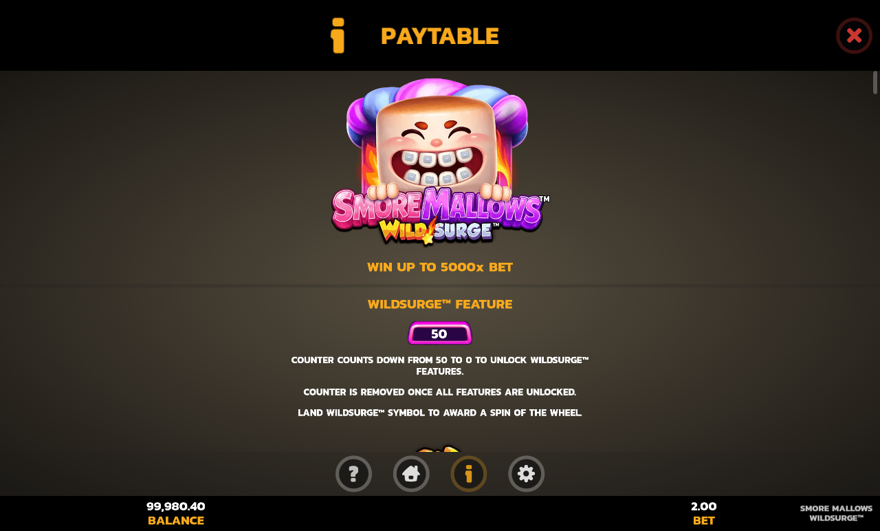 Smore Mallows WildSurge information screen showing the WildSurge feature rules