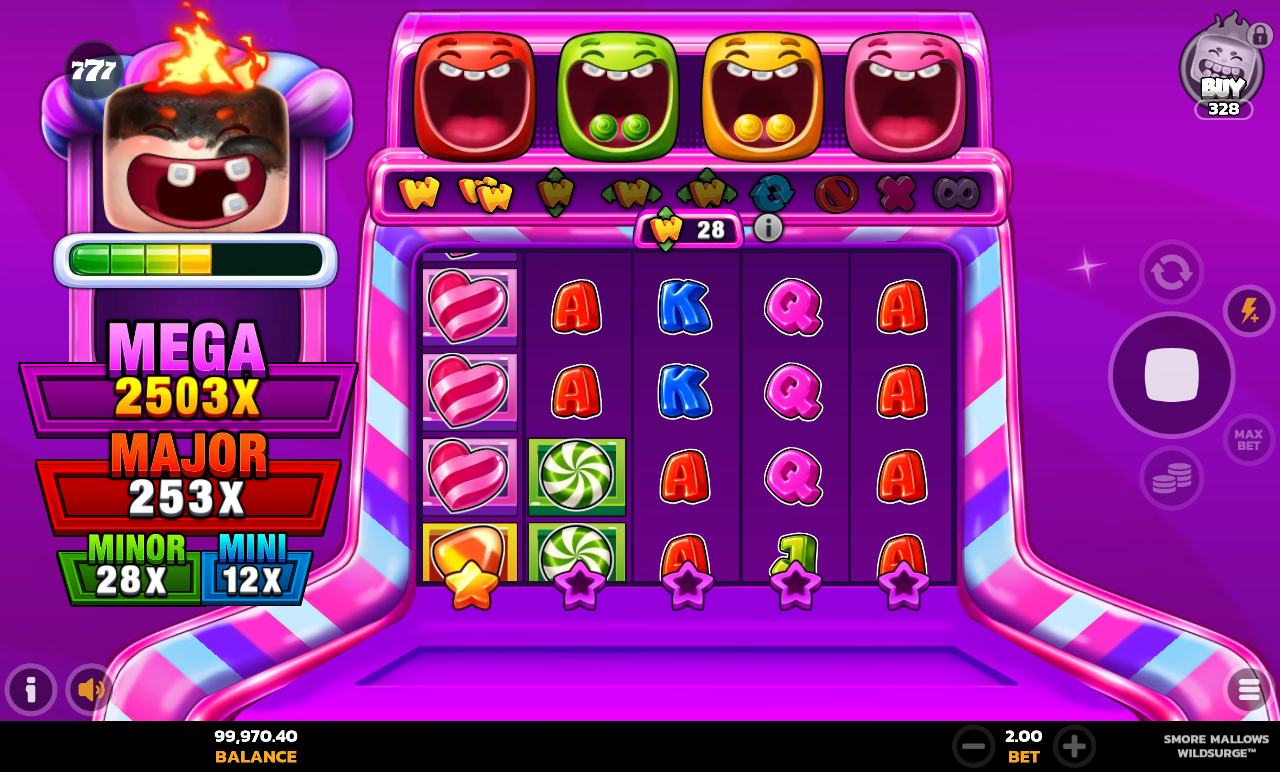 Smore Mallows WildSurge gameplay showing the WildSurge counter and wild symbols on the reels