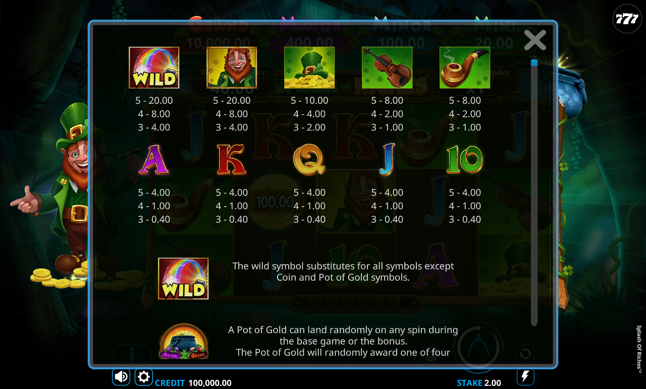 Splash of Riches information screen explaining the Coin and Pot of Gold bonus symbols