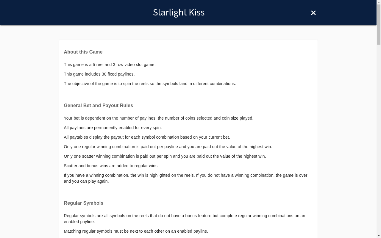 Starlight Kiss information screen