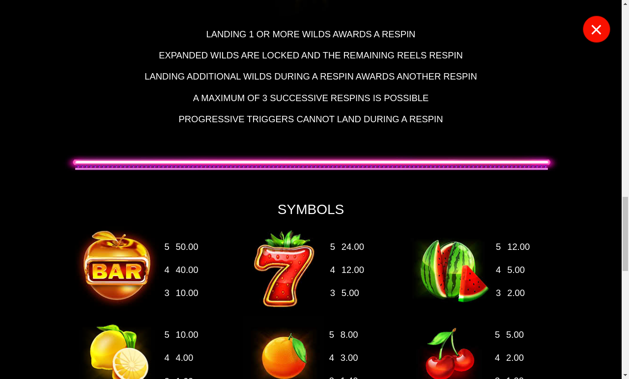 Starlite Fruits Mega Moolah information screen
