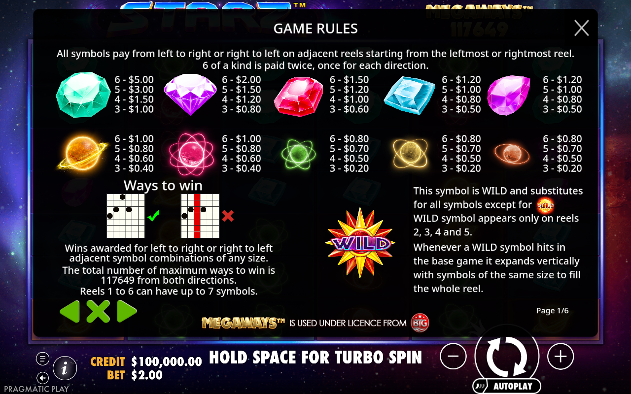 Starz Megaways wild and ways information screen