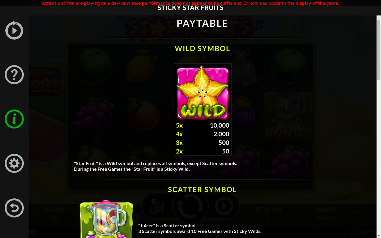 Sticky Star Fruits information screen