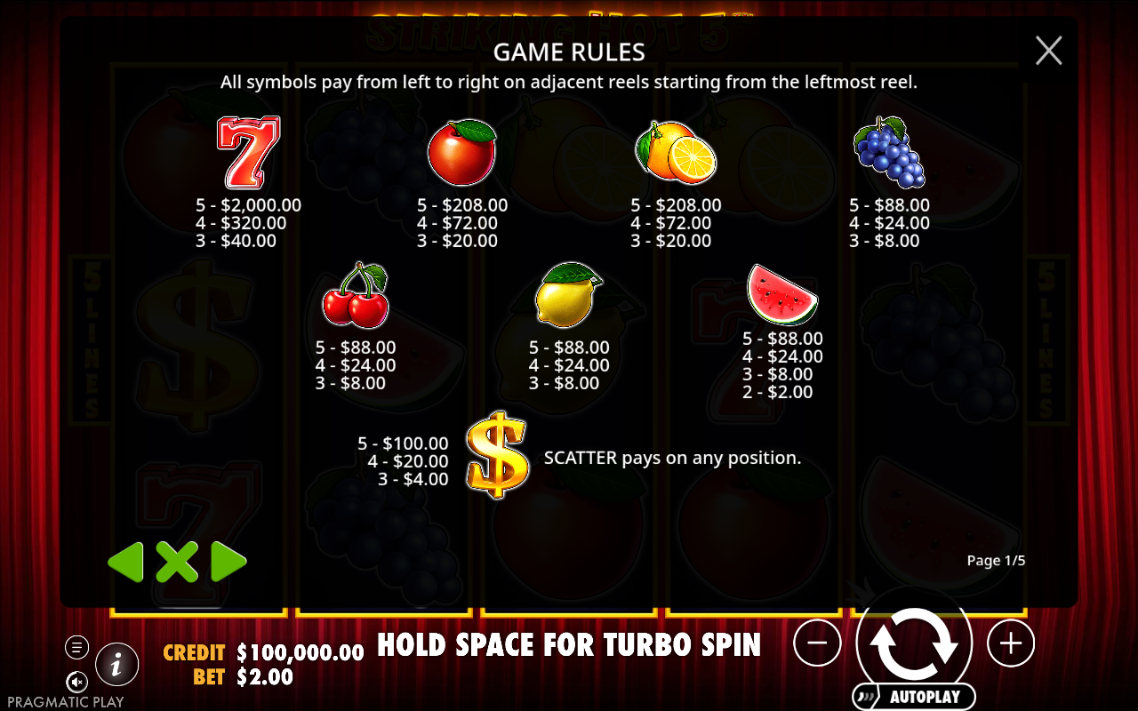 Striking Hot 5 payline rules