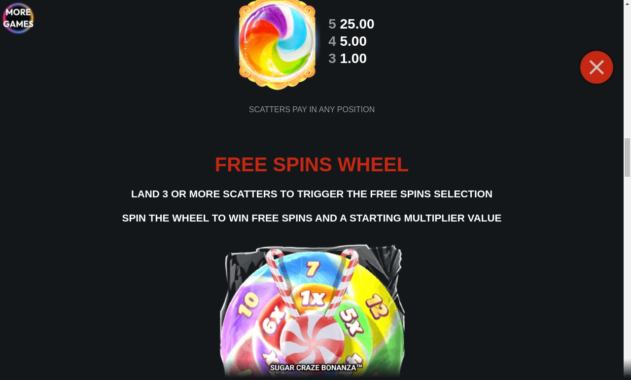 Sugar Craze Bonanza information screen