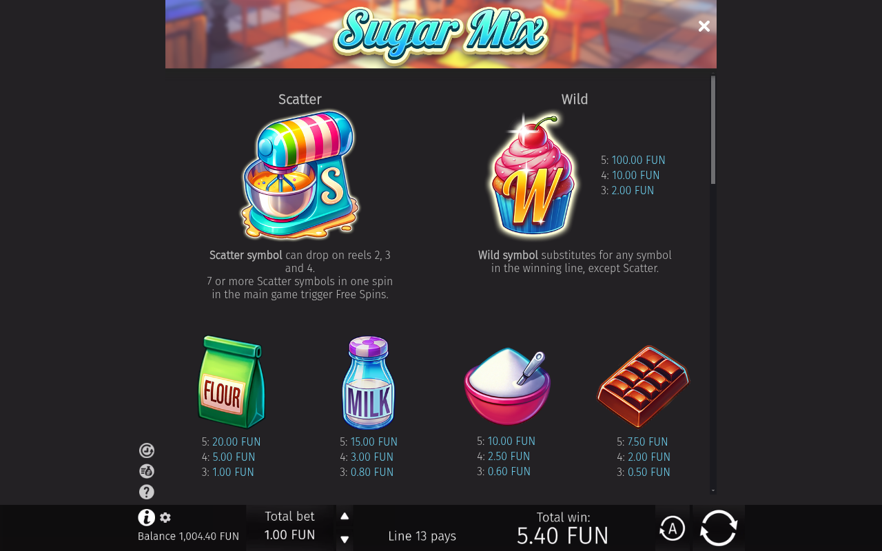 Sugar Mix information screen showing Wild and Scatter rules