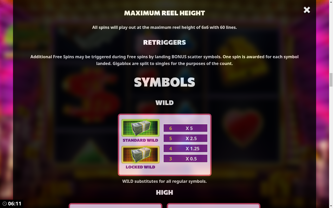 Super Cash Drop GigaBlox free spins rules covering maximum reel height and retriggering