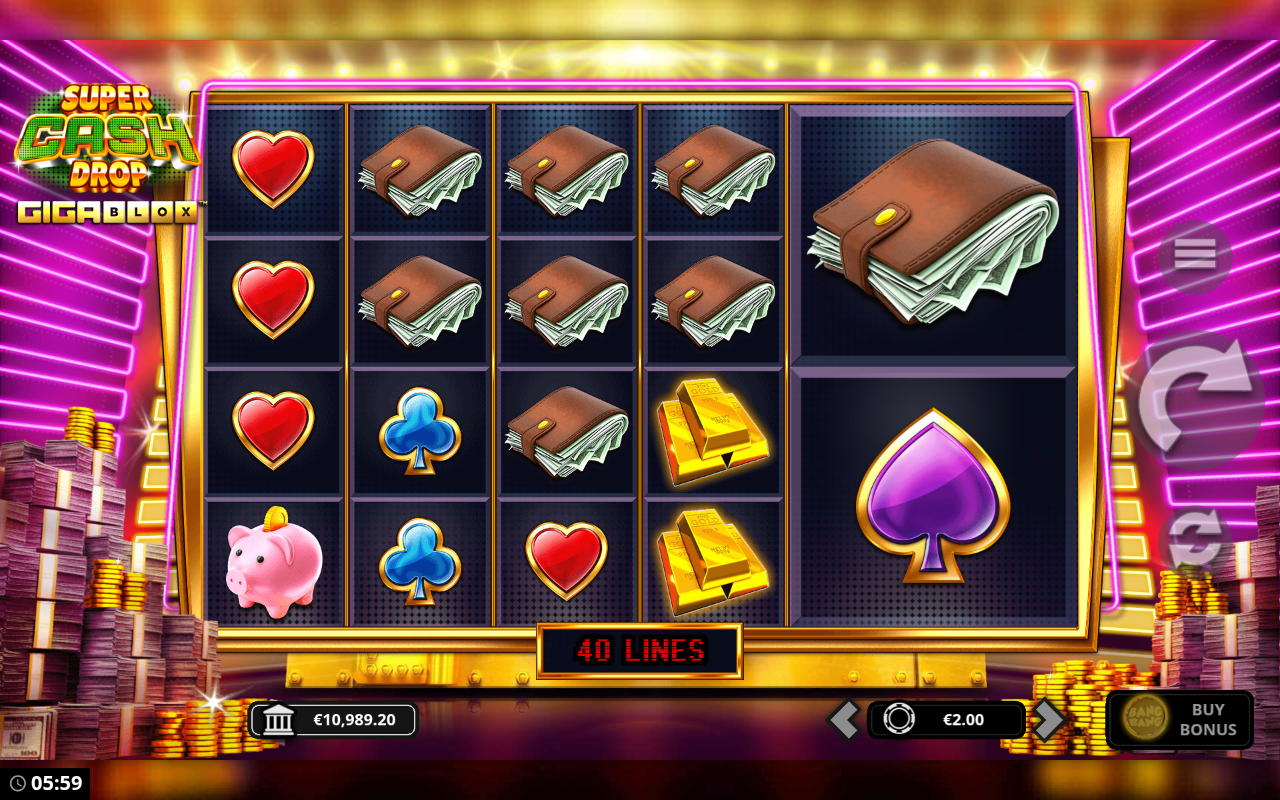 Super Cash Drop GigaBlox gameplay showing the expanded symbol set