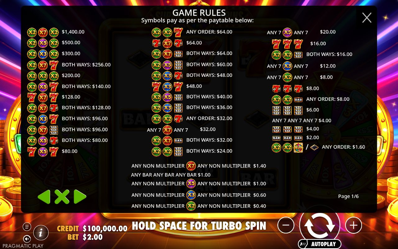 Super Golden Spins information screen