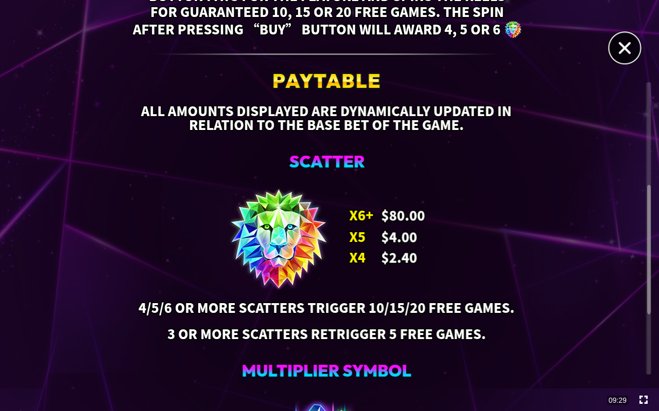 Super Lion Bonanza information screen