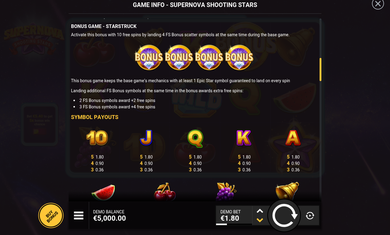 Supernova Shooting Stars information screen